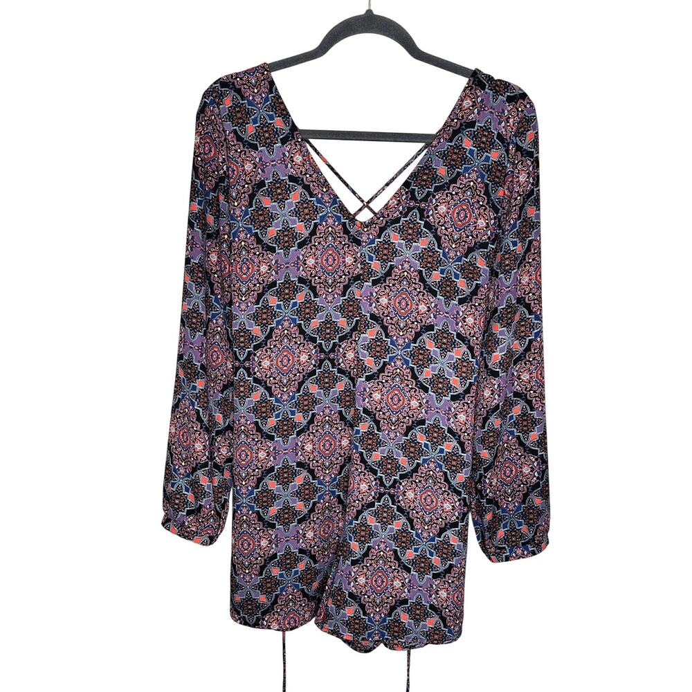Forever 21‎ Boho Geometric Romper Medium M Purple Black V-Neck Long Sleeve Tie
